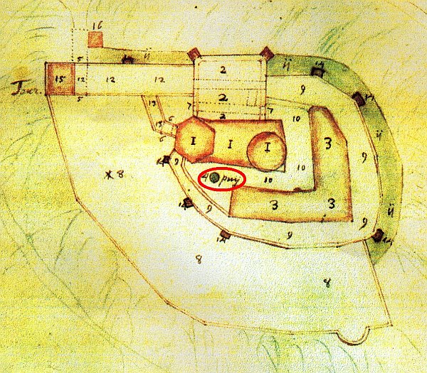 Burg Kirkel: Plan von 1679 mit Brunnen (4)