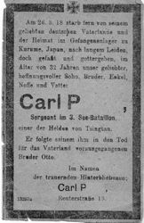 Kriegsgefangener in Japan gestorben, März 1918