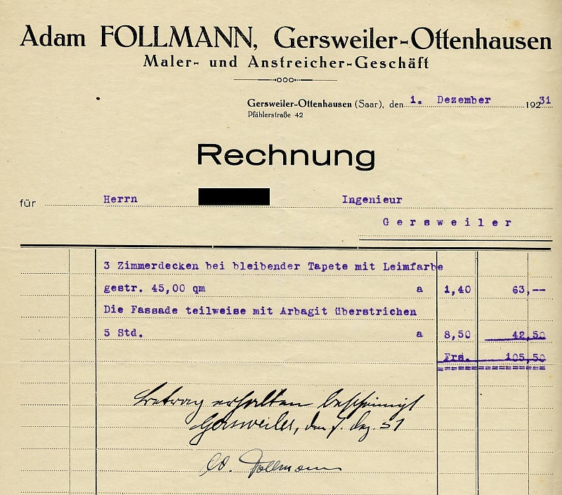 Rechnung des Maler- und Anstreicher-Geschäfts Adam Follmann aus Gersweiler-Ottenhausen.