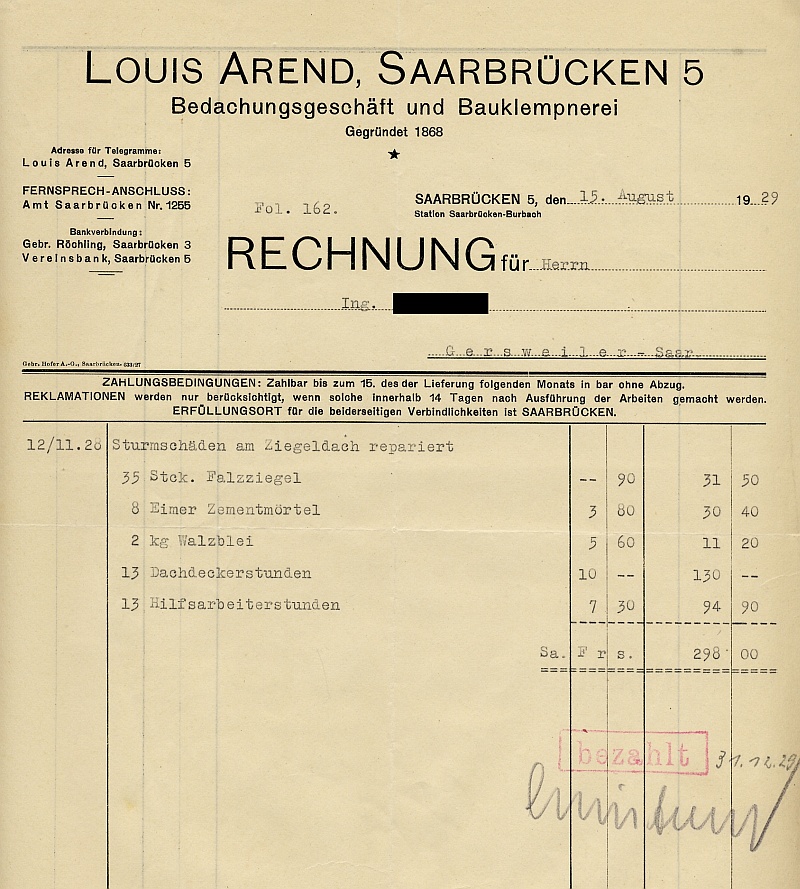 Rechnung der Firma Louis Arend, Bedachungsgeschäft und Bauklempnerei, Station Saarbrücken-Burbach in Saarbrücken 5.